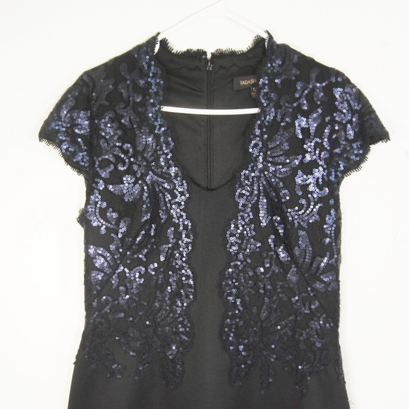 Tadashi Shoji Black Deep Navy Blue Sequin Lace Evening Dress - Picture 2 of 5